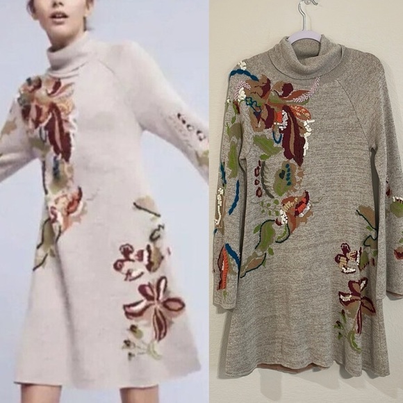 Knitted & Knotted Anthropologie Women’s Sweater Dress Small Grey Embroidered - Picture 1 of 17